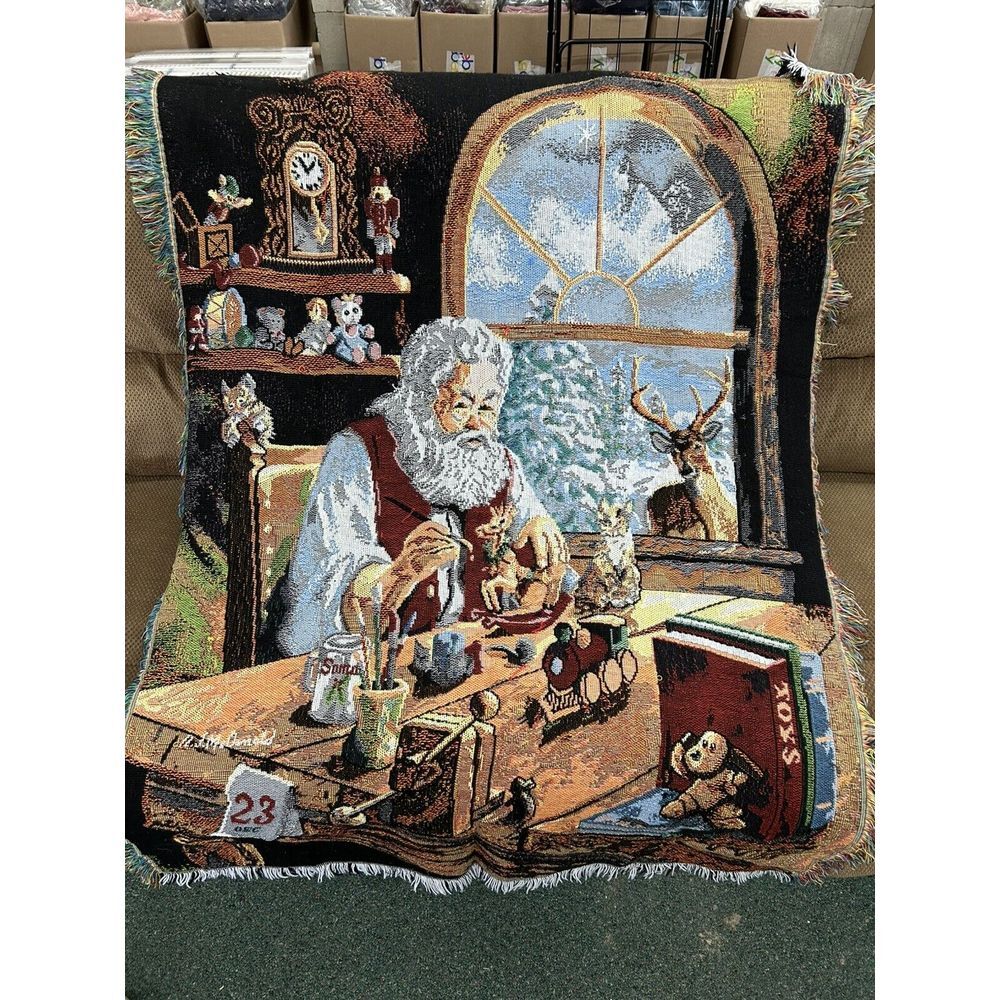 Tapestry Throw Blanket Santa Workshop Christmas Scene Cozy Home‎ Decor
